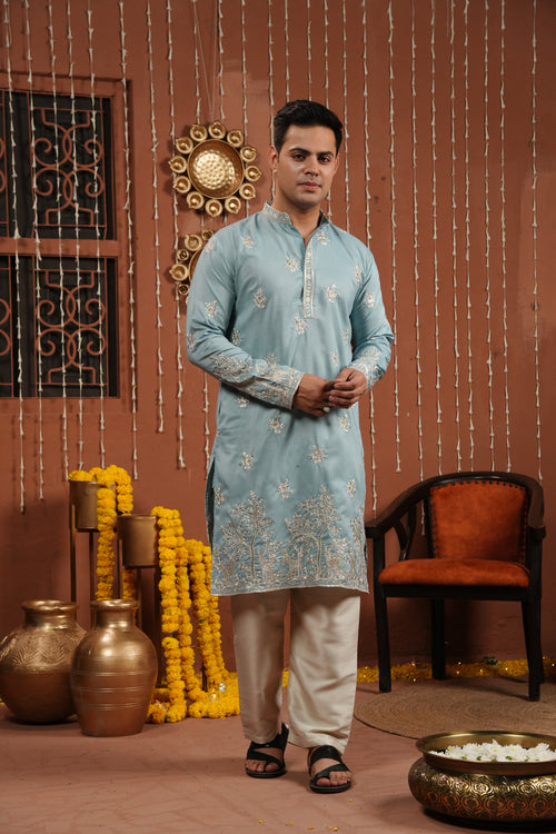 Azure Whisper — Embroidered Silk Kurta (only kurta)