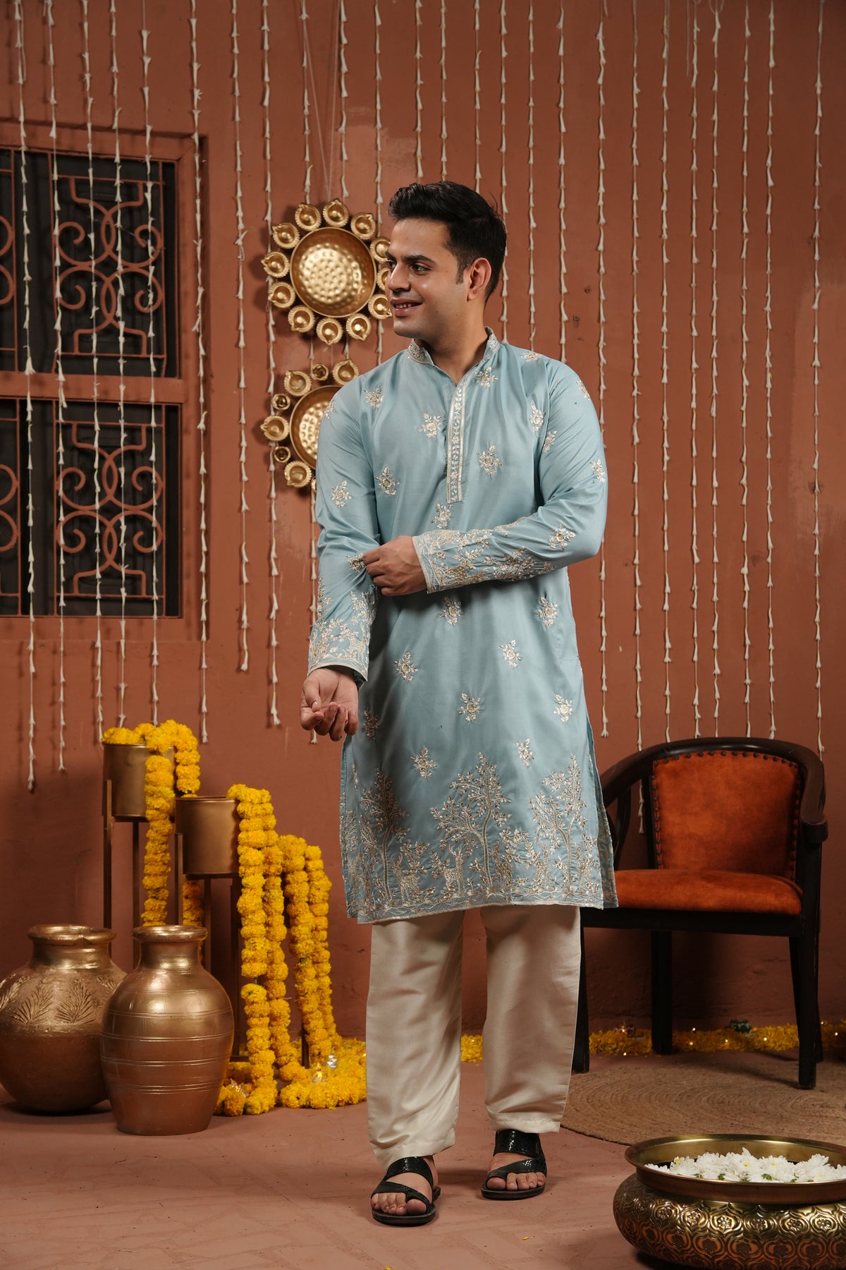 Azure Whisper — Embroidered Silk Kurta (only kurta)