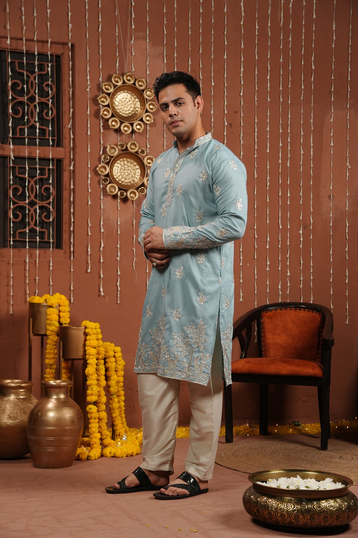 Azure Whisper — Embroidered Silk Kurta (only kurta)