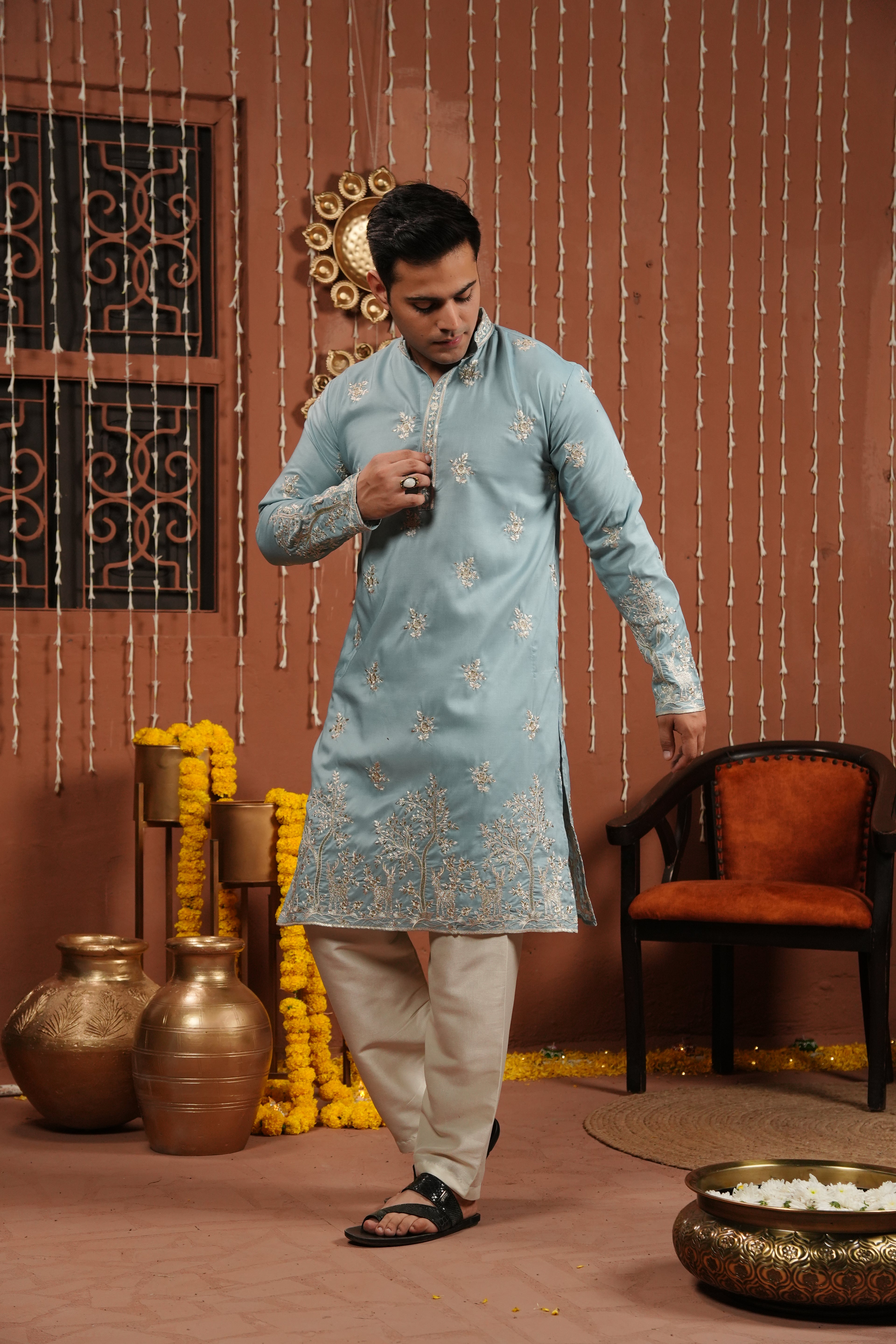 Azure Whisper — Embroidered Silk Kurta