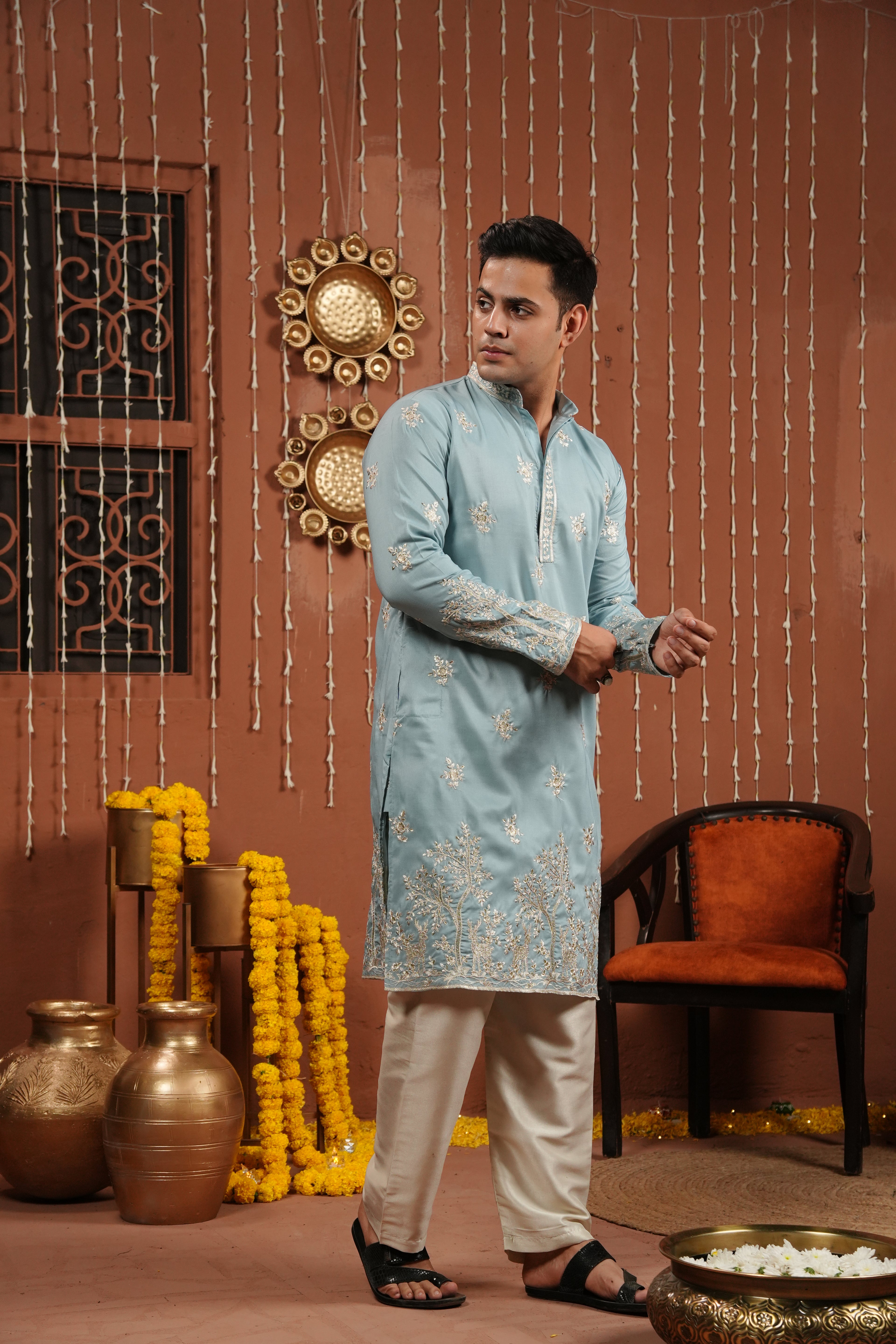Azure Whisper — Embroidered Silk Kurta