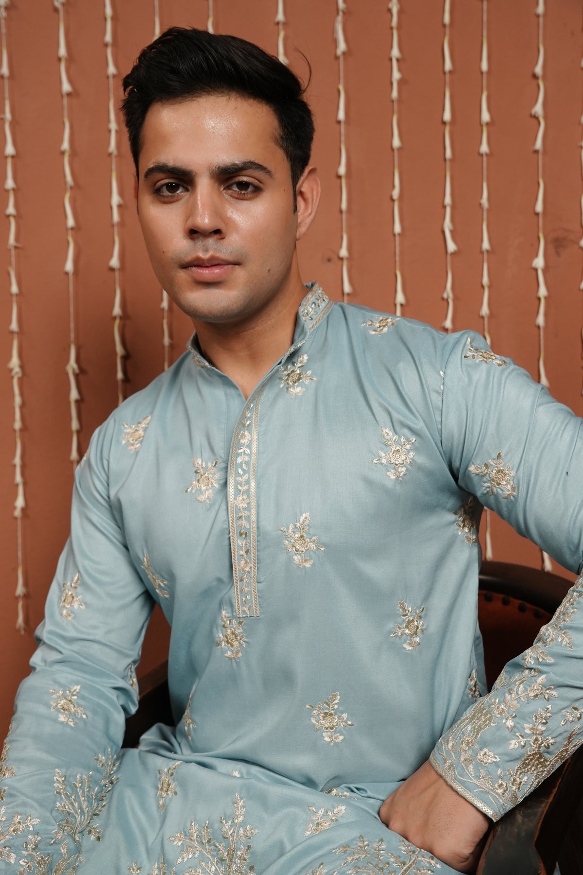 Azure Whisper — Embroidered Silk Kurta (only kurta)